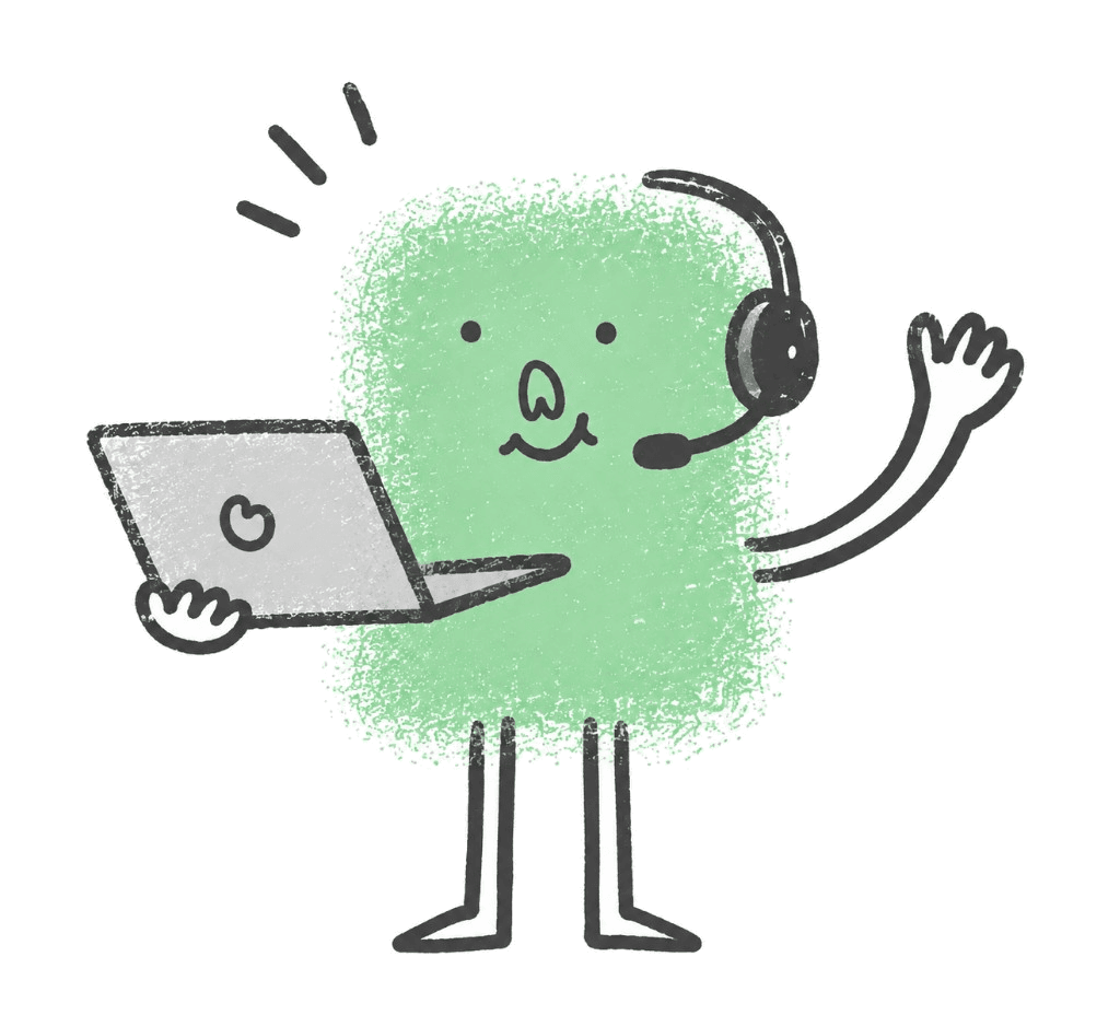 Illustrated green character wearing a headset and holding a laptop